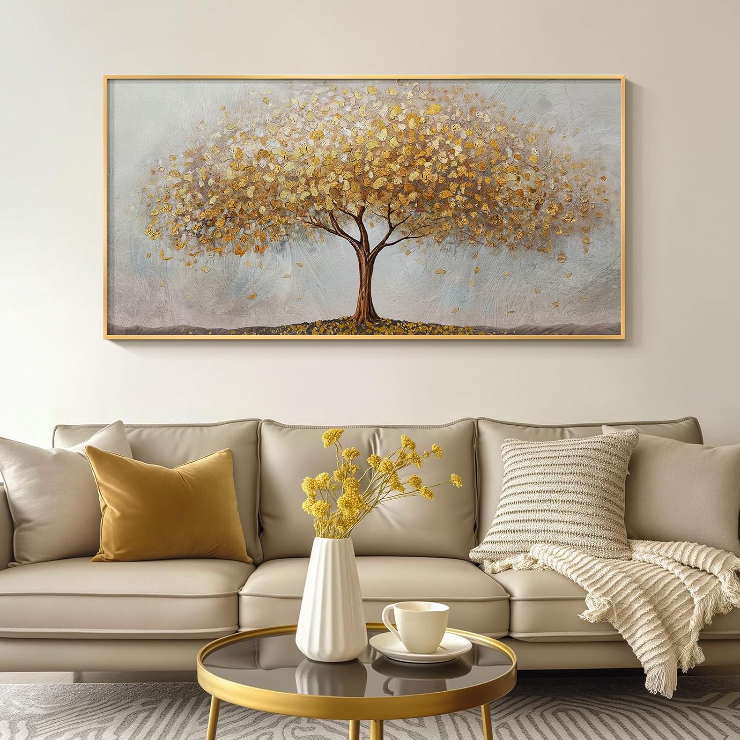 Large Gold Tree of Life Wall Art | 30x60 Framed Canvas Print featuring a vibrant gold tree.