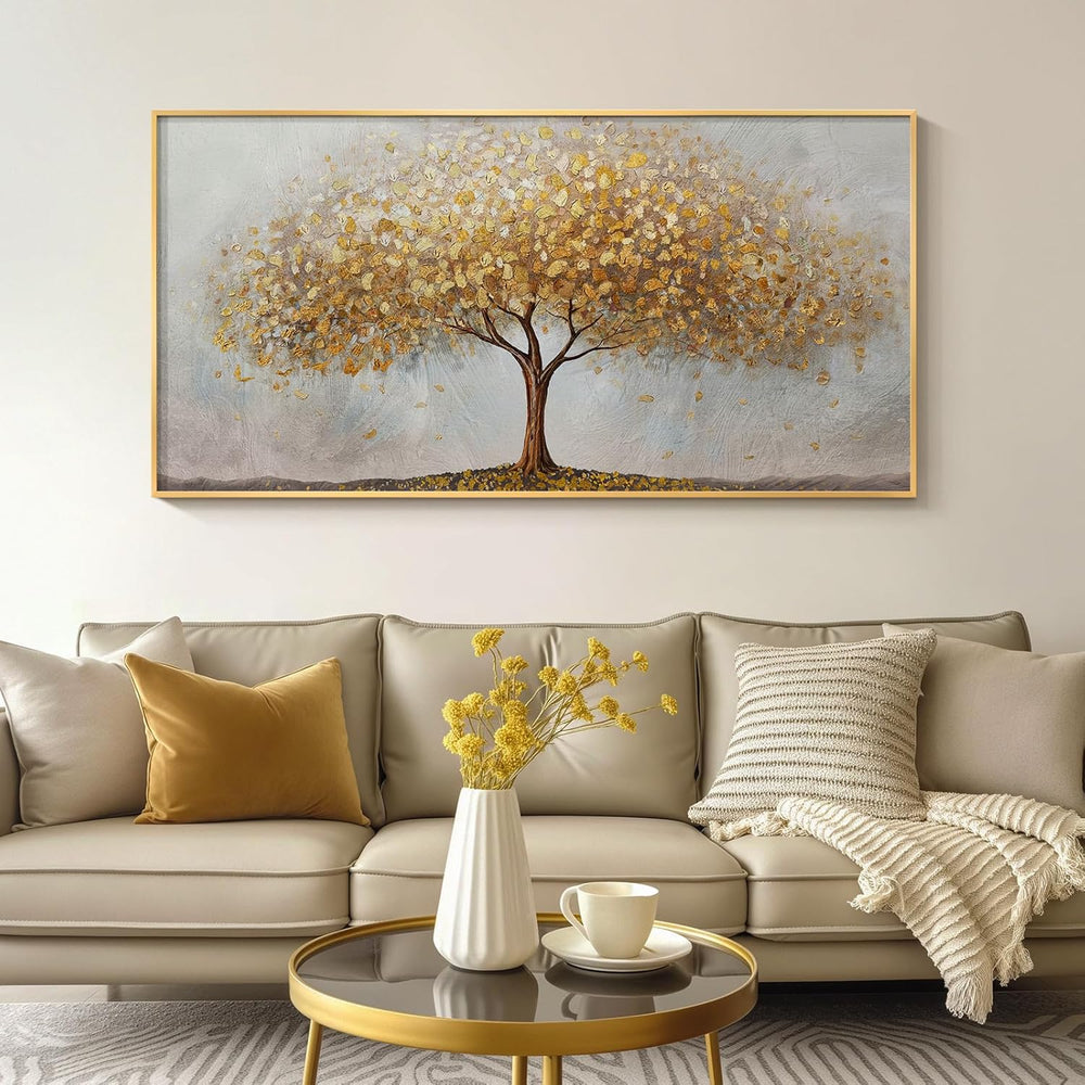 Large Gold Tree of Life Wall Art | 30x60 Framed Canvas Print featuring a vibrant gold tree.
