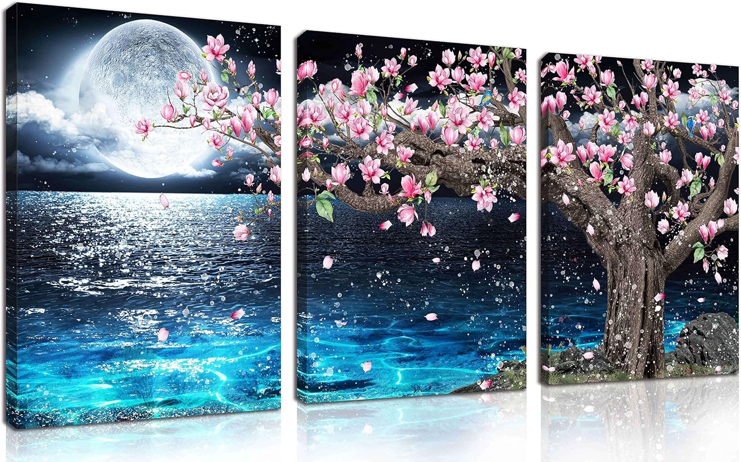 3 piece canvas wall art set featuring a pink tree with flowers, moonlit ocean, and blue water decor.