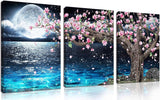 3 piece canvas wall art set featuring a pink tree with flowers, moonlit ocean, and blue water decor.