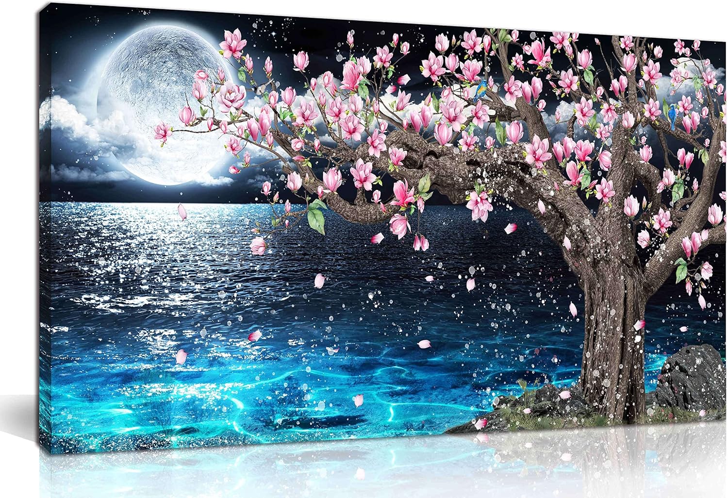3 piece canvas wall art set featuring a pink tree and moon over a shimmering ocean background.