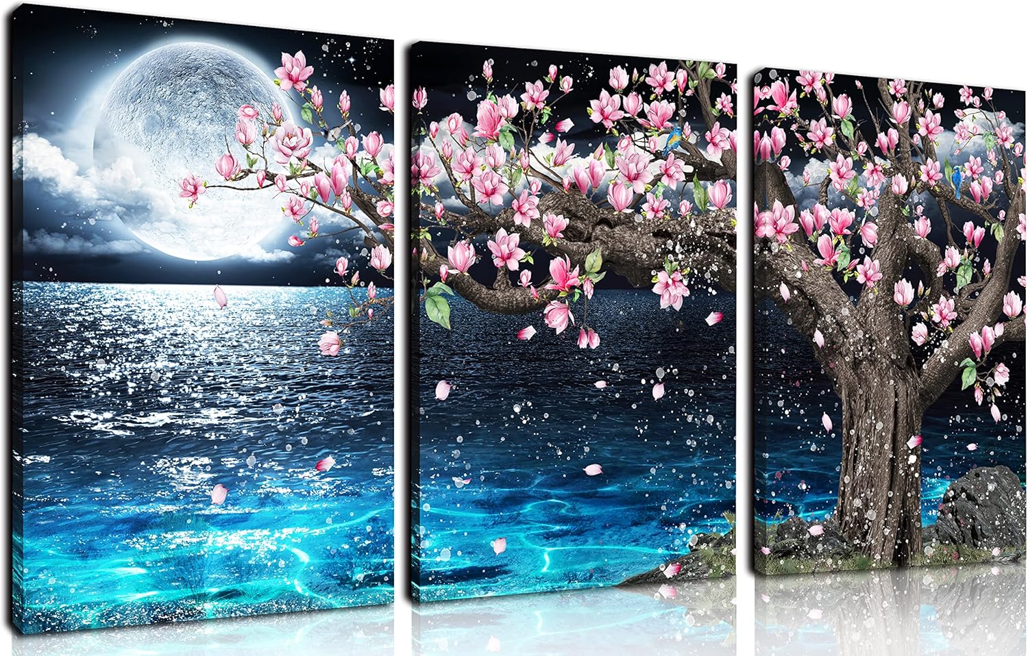 3 piece canvas wall art set featuring a pink tree and moon decor over a serene blue ocean backdrop.