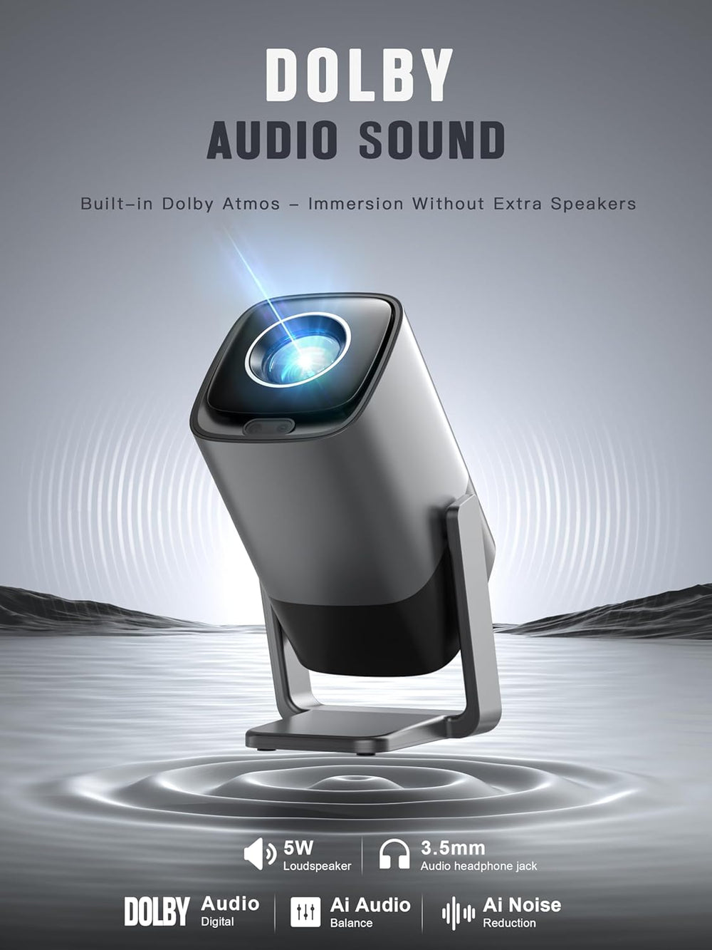 smart projector with Netflix and 4K support showcasing Dolby Audio Sound features.